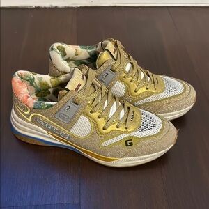 Gucci Metallic Gold and White Trainers